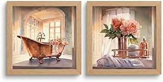 Kit 2 Quadros Decorativos Banheiro Flores Rose Gold Banheira Cobre