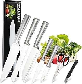 Conjunto de facas de aço inoxidável com cabo preto, sete peças, facas serrilhadas, em fundo branco com ilustração de legumes e outros utensílios de cozinha.