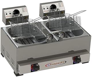 Fritadeira a gás e elétrica conjugada com duas cubas de 5 litros cada, controles de temperatura e válvulas de gás