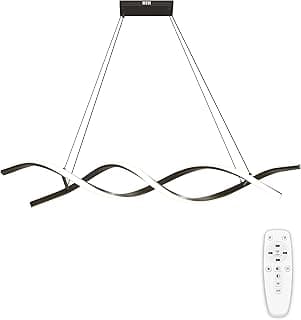 Luminária pendente LED moderna com design ondulado linear, preto e branco, controle remoto