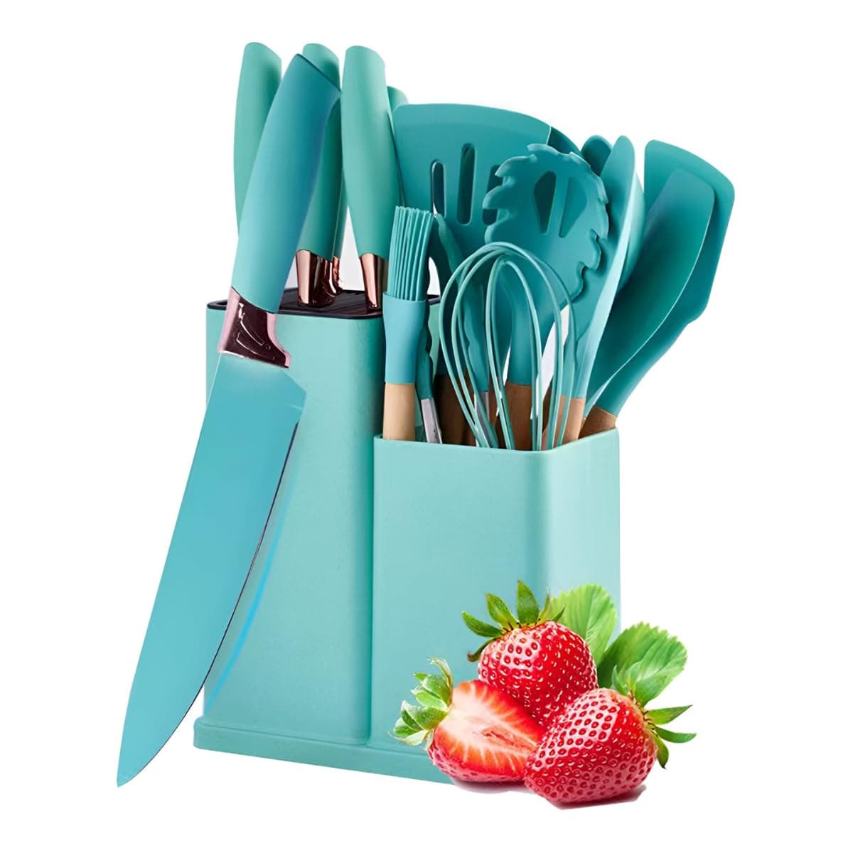 Utensilios para Cozinha Silicone Kit com 19 Peças Cabo Madeira Conjunto Completo Espátula Concha Colher Jogo Suporte Faca Antiaderente Tabua Tesoura Faqueiro (VERDE)