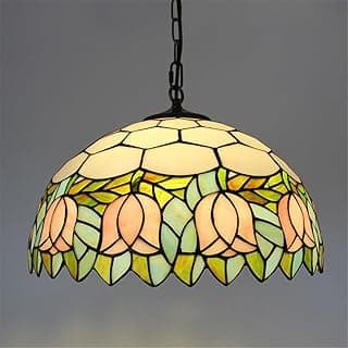 Lâmpada pendente Tiffany com tulipas rosa e folhas verdes, estilo vintage