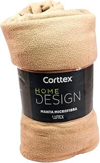 Manta de microfibra Corttex Home Design, cor bege, enrolada em rolo com rótulo preto.