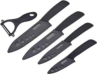 Conjunto de facas de cerâmica com descascador, facas pretas com cabos e lâminas afiadas