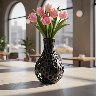 Vaso decorativo moderno preto com padrão Voronoi, flores rosa, interior moderno