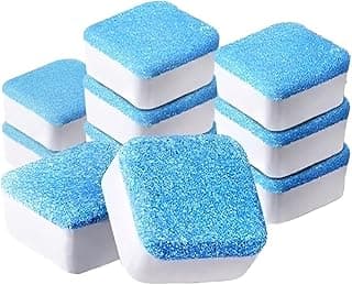Kit com 10 pastilhas de limpeza para máquina de lavar roupas, azul e branco, fundo branco.