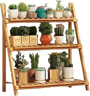 Estante de jardim vertical em madeira com prateleiras para plantas em vasos de várias cores