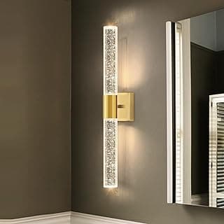 Arandela de parede LED escovadas com luz quente, design dourado e detalhes de cristal