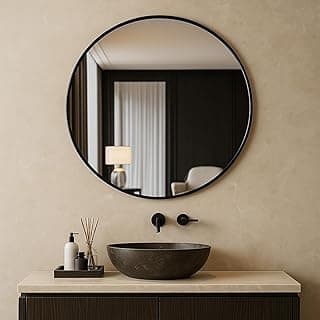 Espelho redondo grande decorativo 50 cm com suporte preto