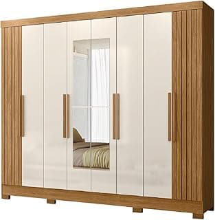 Guarda-roupa casal com espelho ripado, 8 portas e 4 gavetas, madeirado/off white diamante