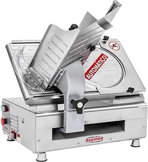 Cortador de frios automático Bermar, lâmina 300mm, aço inoxidável, botão vermelho, etiqueta AUTOMÁTICO