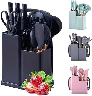 Kit Completo Jogo de Cozinha Luxo 19 Peças Com Tábua em Silicone Cabo Madeira Conjunto Completo Espátula Concha Colher Jogo Suporte Faca Antiaderente Tabua Tesoura Faqueiro PREMIUM (Cinza)