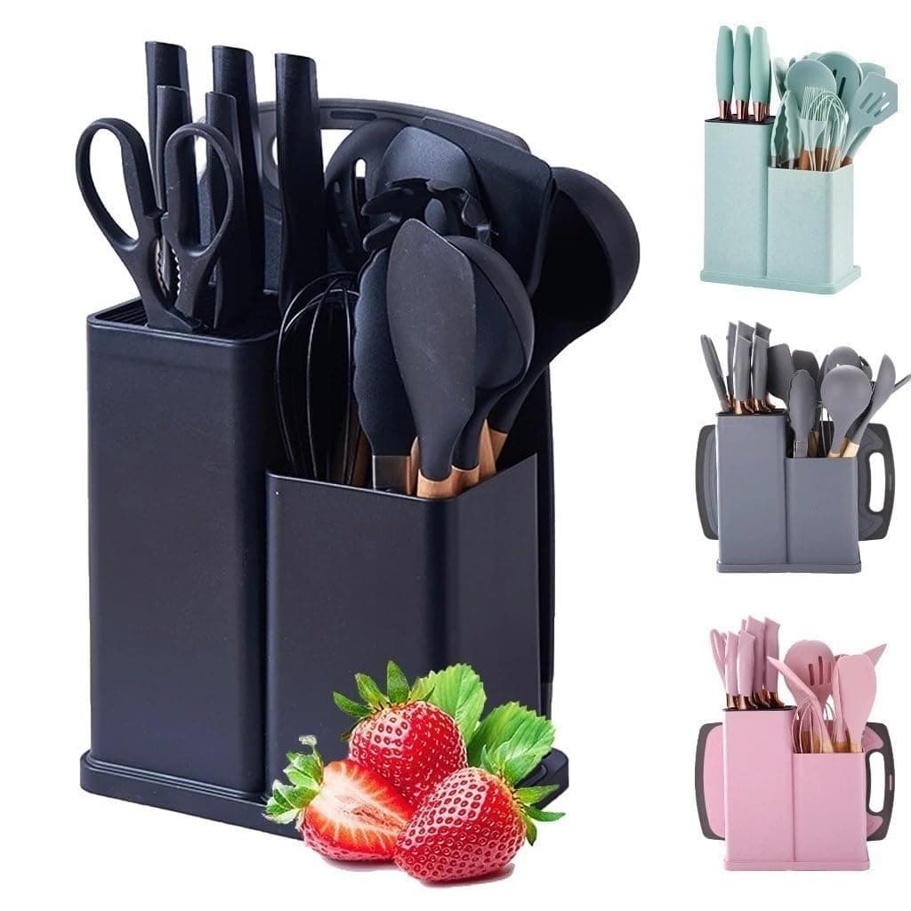 Kit Completo Jogo de Cozinha Luxo 19 Peças Com Tábua em Silicone Cabo Madeira Conjunto Completo Espátula Concha Colher Jogo Suporte Faca Antiaderente Tabua Tesoura Faqueiro PREMIUM (Cinza)