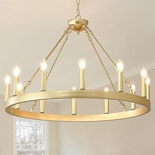 Lustre de roda de vagão dourado, 12 luzes, estilo industrial, para sala de jantar