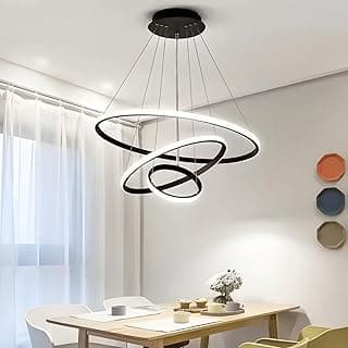Luminária pendente redonda com três anéis, 64W LED, três tons de iluminação, diâmetro 60-40-20 cm, preta, ideal para sala de jantar