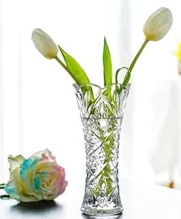 Vaso decorativo de vidro com tulipas brancas, design esculpido, 19 cm