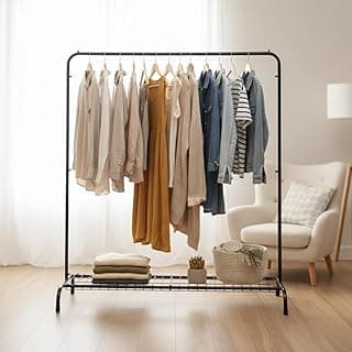 Arara de Roupas com Prateleira Inferior, 145cm de Altura, Aço Carbono com Pintura Epóxi Anti-Corrosão, Capacidade 25kg - 90 Cabides, Organizador de Closet