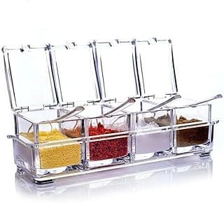 Porta condimentos e temperos em acrílico transparente com 4 potes e colheres para servir, organizados em suporte retangular.