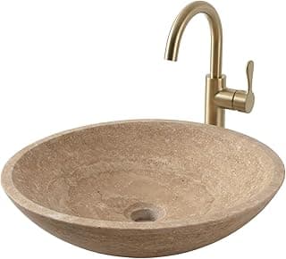 Pia redonda de travertino natural para banheiro, 43 cm, com torneira de bronze
