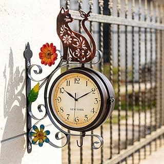 Relógio de parede vintage com moldura de metal, gato e flores, New York