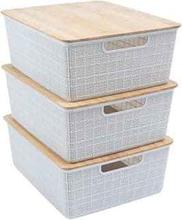 Kit de três caixas organizadoras com tampa de bambu, 12 litros, brancas