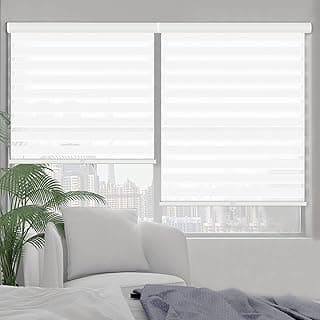 Kokorona Persianas Zebra Persianas de rolo sem fio com capa de sanefa, tecido de camada dupla transparente para dia e noite para controle de luz, filtragem de luz, privacidade, branco, 51 cm L x 183