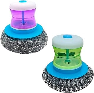 Kit com 2 esfregões de palha de aço com suporte para detergente, cores roxa e verde transparentes