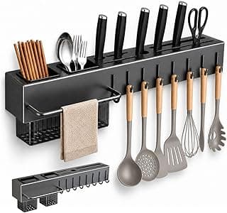 Suporte de parede para utensílios de cozinha em preto com 8 ganchos e porta-talheres removíveis