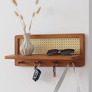 Prateleira de vime PE montada na parede com 4 ganchos, cabide decorativo com prateleira flutuante para entrada, berçário, mudroom, corredor, cozinha, escritório (marrom retrô)