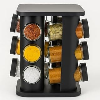 Organizador de temperos giratório preto com 12 potes de vidro 85 ml, design moderno e funcional