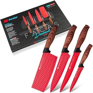 Kit de facas Duralar 4 peças com cabos de madeira e lâminas vermelhas texturizadas