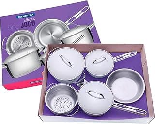 Conjunto de panelas de aço inoxidável Tramontina com 5 peças, fundo triplo, tampas com saída de vapor, embalagem caixa marrom
