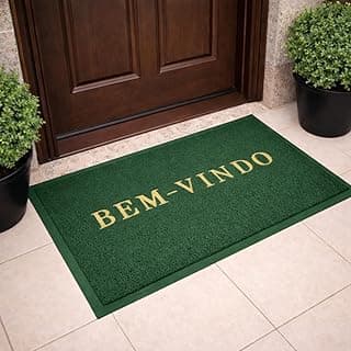 Tapete de entrada verde com texto 'BEM-VINDO' em dourado, antiderrapante, resistente, ideal para porta de casa.