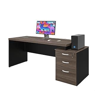 Escrivaninha de Escritório Mesa Pedestal 190x70cm 3 Gavetas com Fechadura MDP 30mm Home Office Organização, Armazenamento e Durabilidade, Acabamento em ABS Netmobil (Nogal)