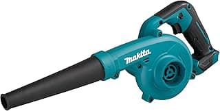 Soprador e aspirador de pó à bateria 12V Makita UB100DZ, ciano e preto, com alça ergonômica e botão de liga/desliga.