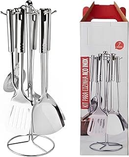 Kit de utensílios de cozinha em aço inoxidável com suporte, 7 peças, branco e prata