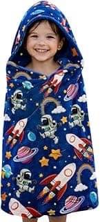 Toalha de banho infantil com capuz estampado de astronautas e foguetes, fundo azul