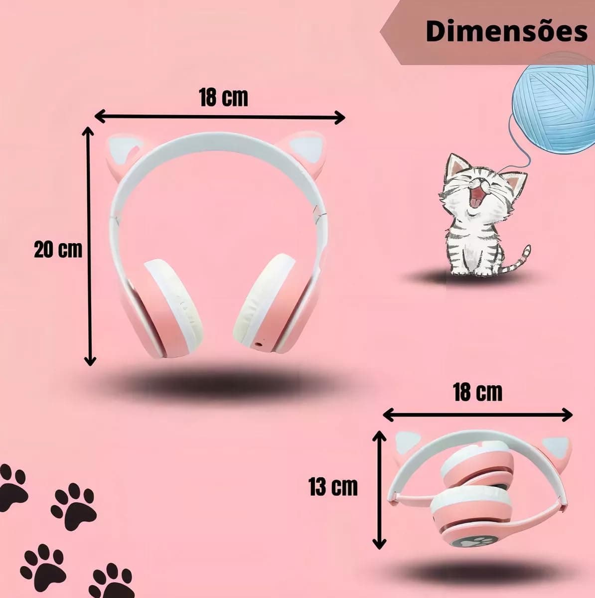 Fone de Ouvido Bluetooth Gatinho com LED Colorido, Headset Bluetooth Orelhas de Gato com Luz LED, Fones de Ouvido Wireless Cartão de Memória, Cabo P2, Bateria de 400mAh (Rosa) (Verde)