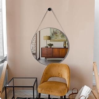 Espelho decorativo redondo de 50 cm com alça de couro cor café para banheiro, quarto ou sala