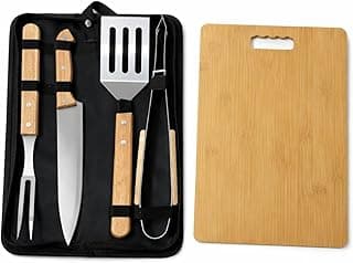 Kit churrasco com 6 peças em aço inox, cabos de madeira e tábua de bambu em maleta preta