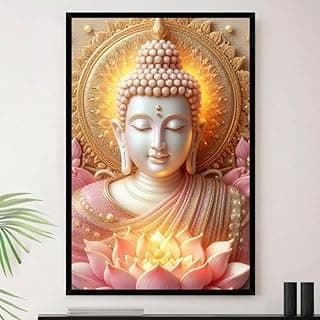 Quadro decorativo Buda em meditação com flor de lótus rosa e auréola dourada