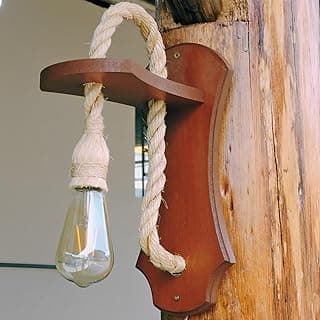 Arandela rústica de parede em madeira e corda sisal, estilo colonial, com bocal E27.