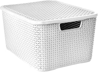 Caixa organizadora plástica branca de 20 litros com tampa e design de cesto rattan.