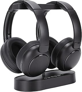 Fones de ouvido sem fio duplos pretos com base de carregamento