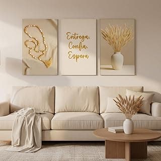 Kit 3 Quadros Decorativos Religiosos com Texto 'Entrega Confia Espera' em Ouro