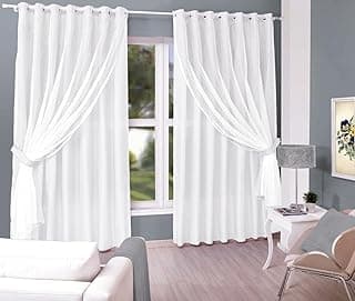 Cortina de renda branca com forro para sala e quarto, 180cm x 300cm