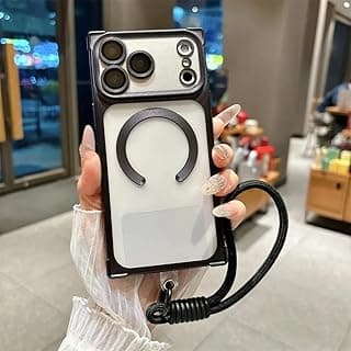 Capa protetora transparente fosca em TPU com airbag para iPhone 14, preto e branco, com alça de pulso