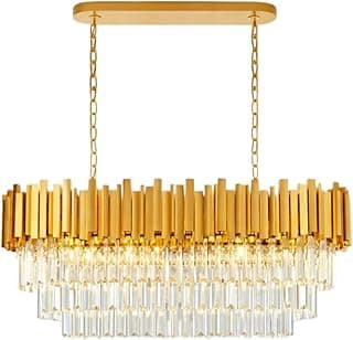 Lustre pendente dourado com cristais transparentes, design oval, fundo branco