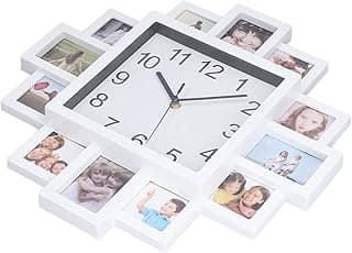 Relógio de parede branco com moldura de foto, mostrando várias fotos de família