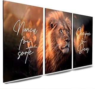 Kit 3 quadros decorativos com leão Judá, frase motivacional, fundo escuro